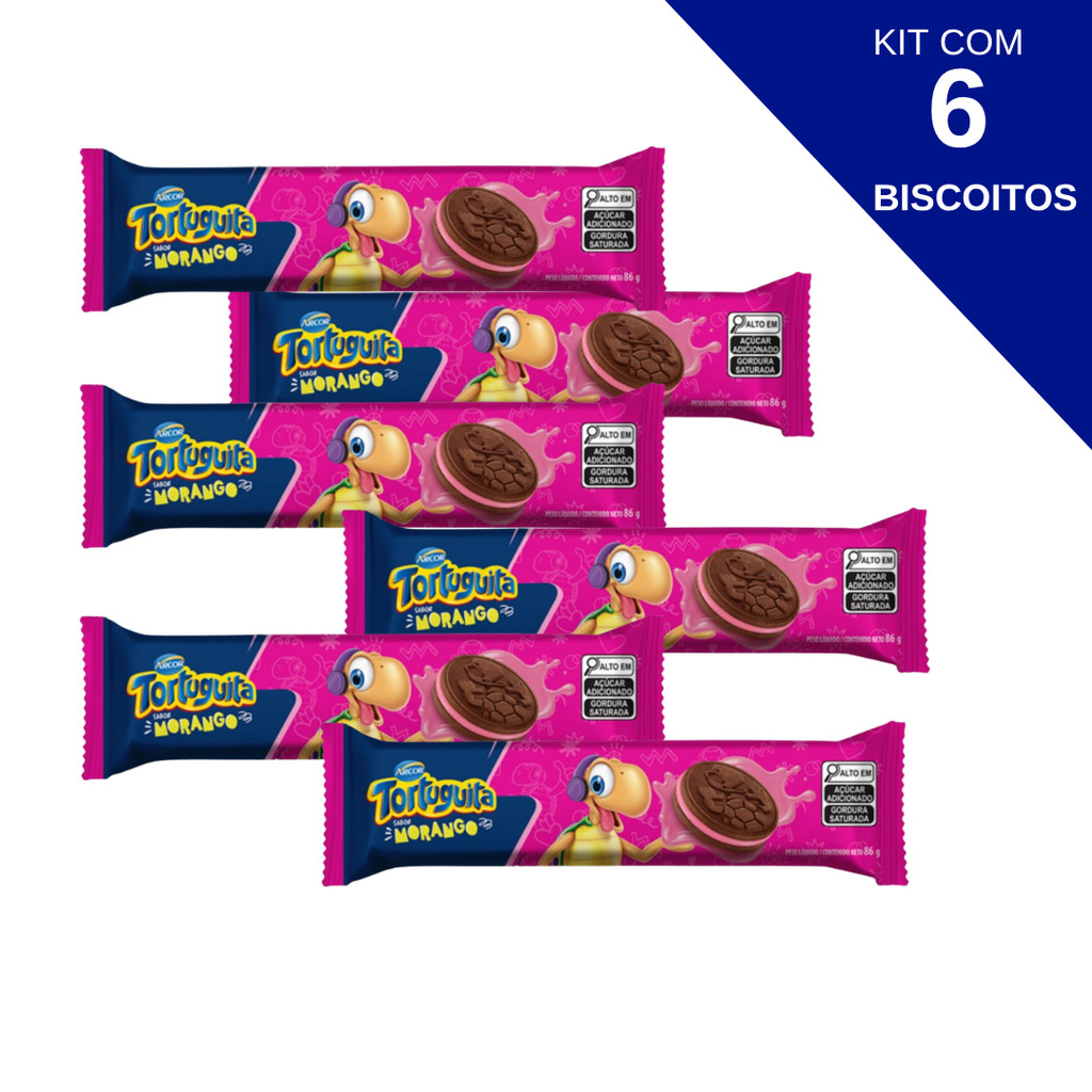 Kit Com 6 Biscoito Tortuguita Recheado Morango Arcor 86g