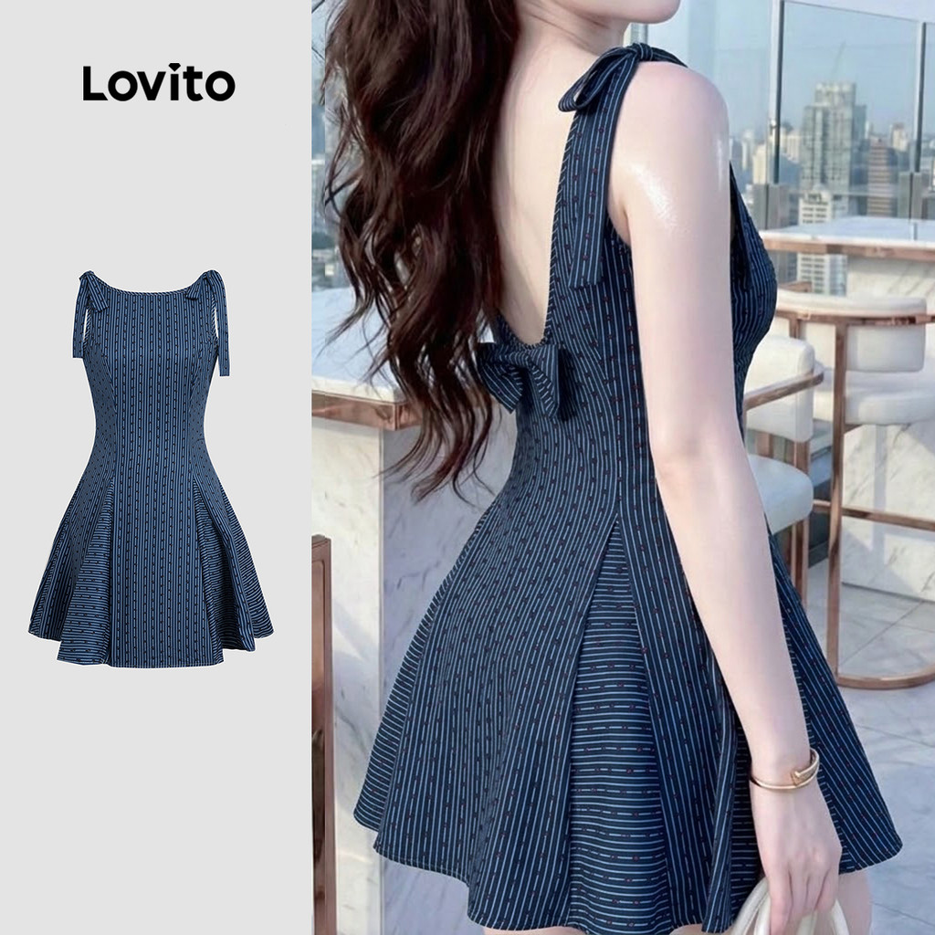 Lovito Vestido Casual Azulmarinho Primavera/verão com Laço Nas costas LK6ED135