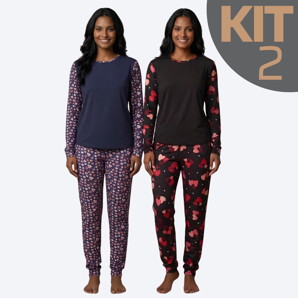 KIT 2 Pijamas Feminino Suede Estampado Inverno Longo Fechado Manga Comprida Conjunto Conforto Cores Variadas