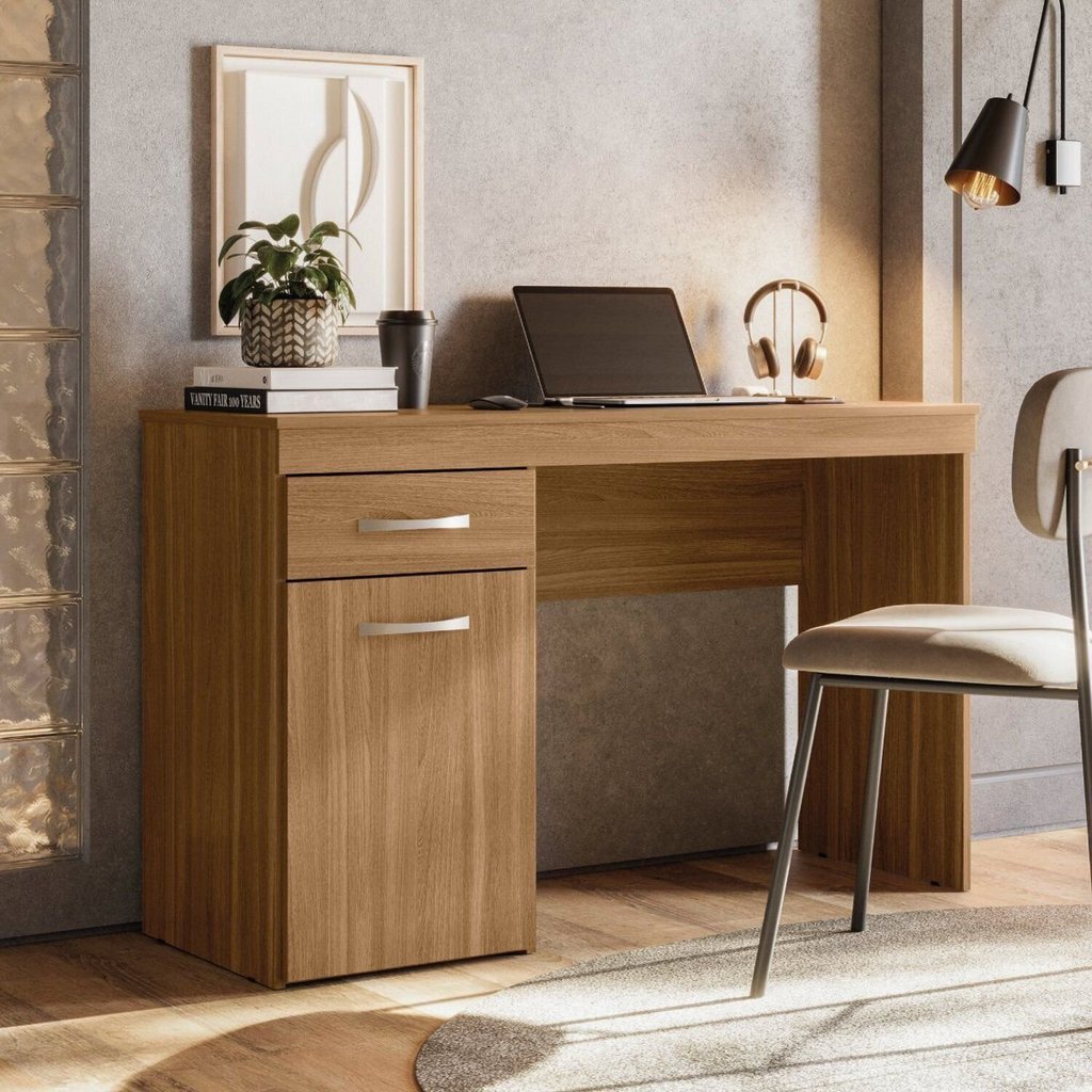 Escrivaninha Mesa Escritório Vitória 1 Gaveta 1 Porta 120cm Amêndola Touch Marrom Amêndola Touch