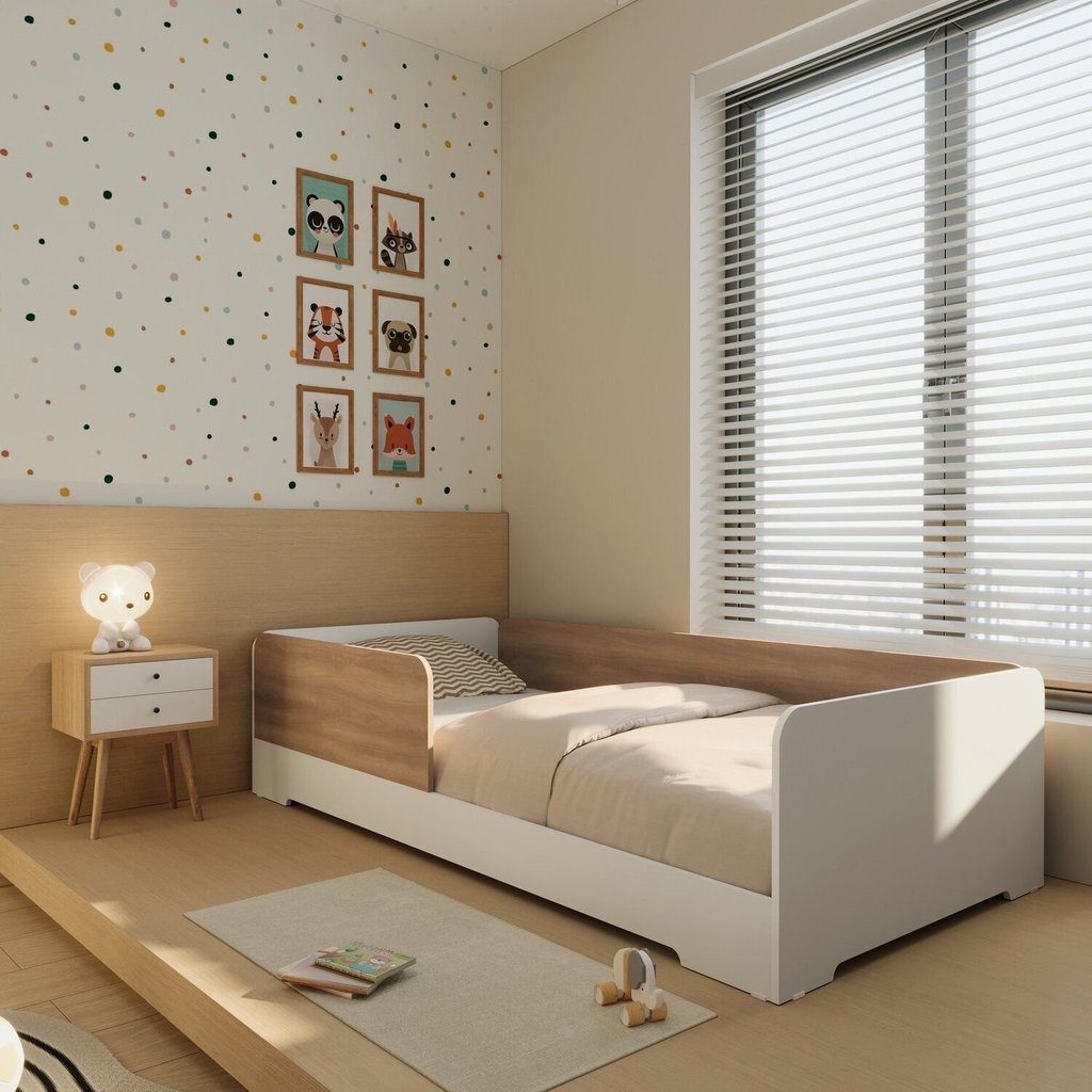 Cama Infantil Montessoriana Solteiro Mark em MDF Branco/Louro Freijó Grann
