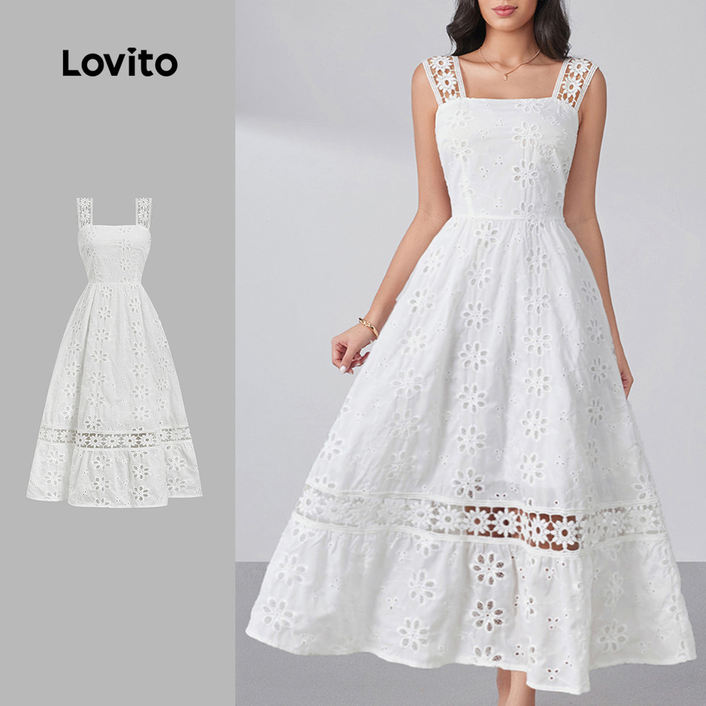Lovito Vestido Midi Branco De Primavera/verão Com Bordado Floral Vazado Alças De