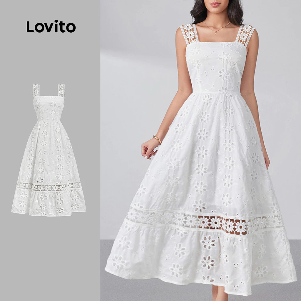 Lovito Vestido Midi Branco De Primavera/verão Com Bordado Floral Vazado Alças De Crochê Babados Decote Quadrado Cintura Alta E Modelagem Evasê Para Mulheres Bordado LR32L095 — imagem 1