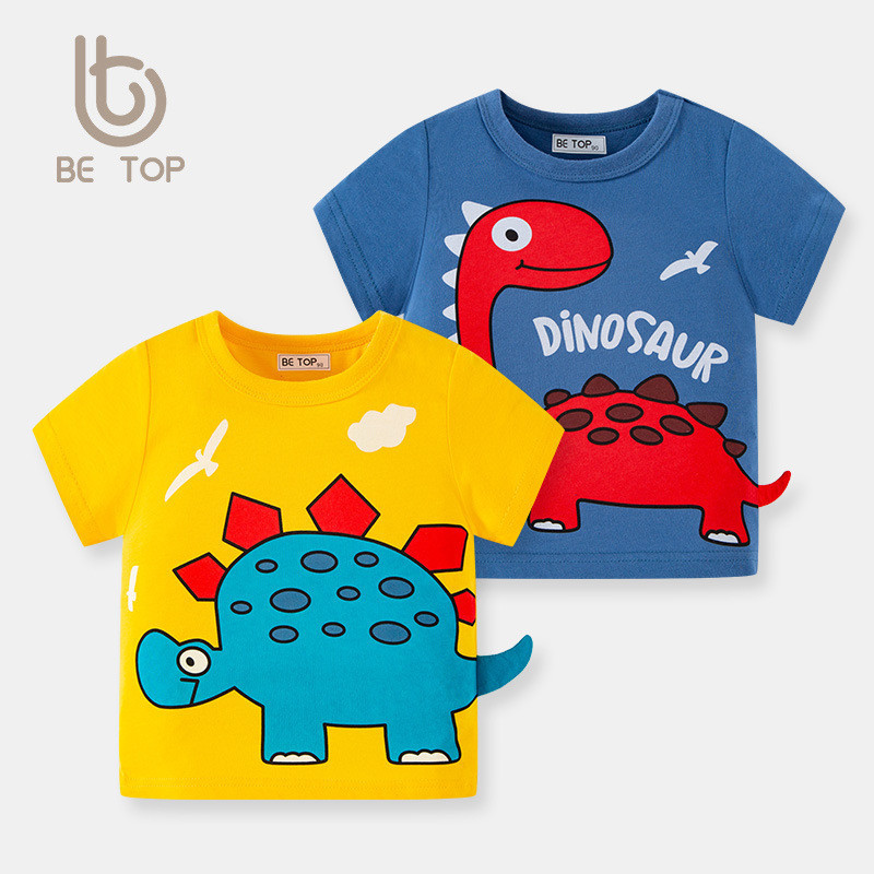 Camiseta de manga curta para meninos verão puro algodão dinossauro desenho animado estampado Top versão coreana crianças