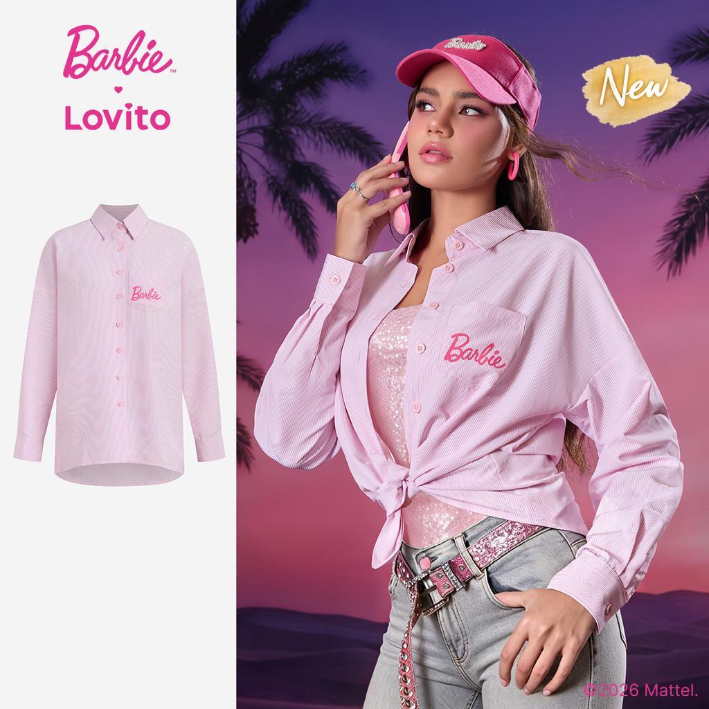(New Arrival) BarbieTM X Lovito Blusa Rosa Feminina Primavera/Verão Gola Ponta Manga Longa Botões Bolso LBL5AD008