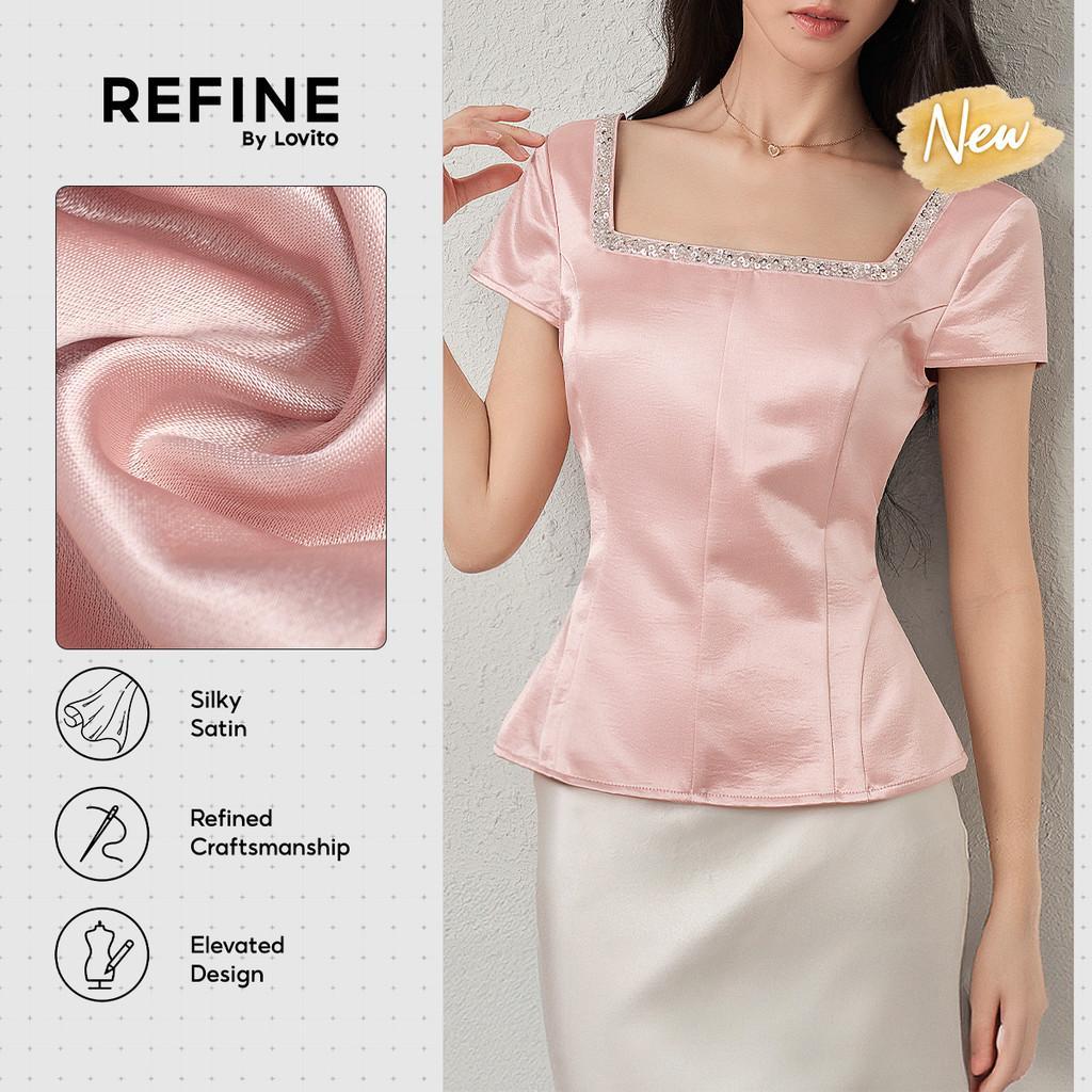(New Arrival) (Refine by Lovito)Blusa Social Cetim Brilhante Lantejoulas Rosa Cl