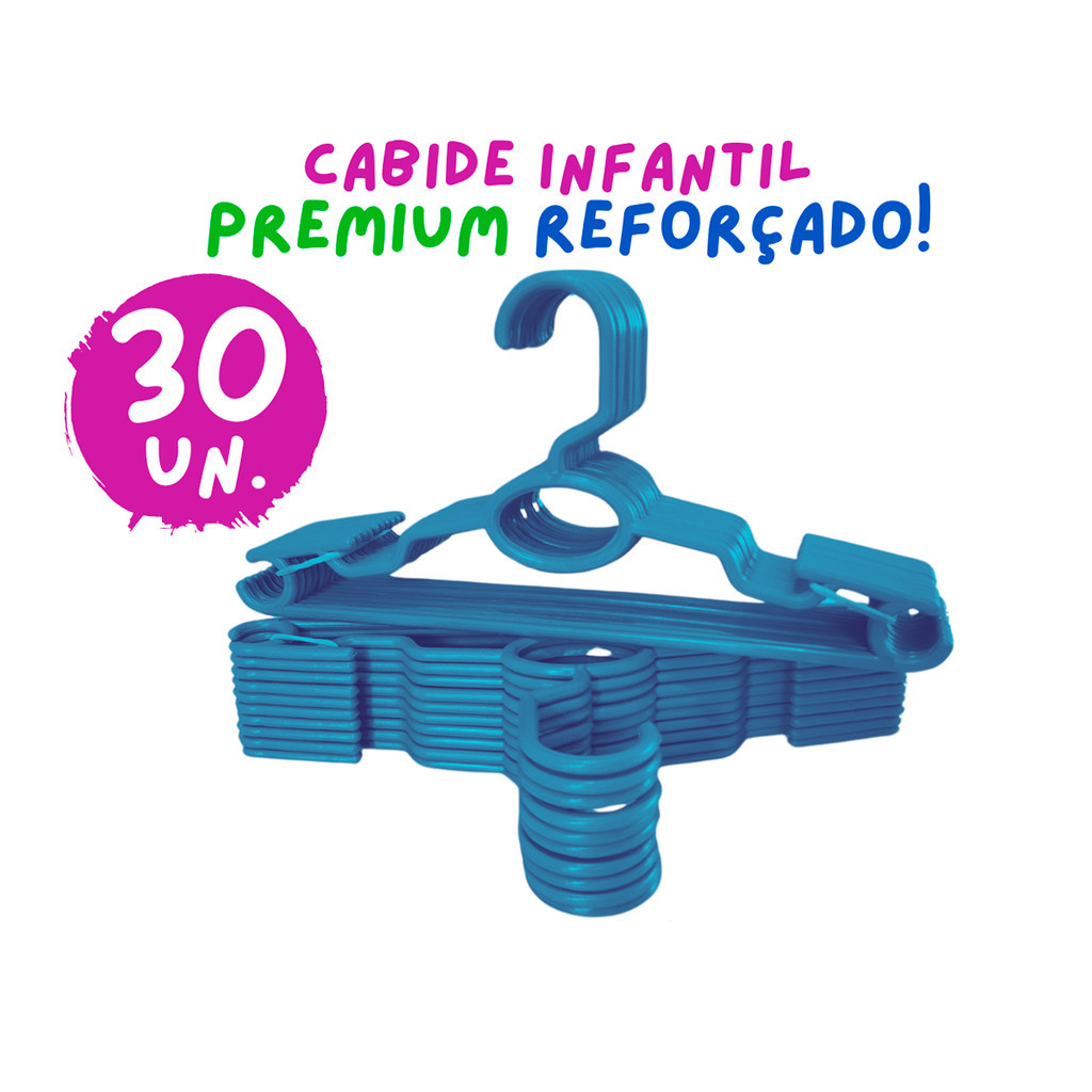 Kit 30 Cabides Infantil Bebê Baby Reforçado Azul Plástico Cruzeta Roupa Resistente Premium