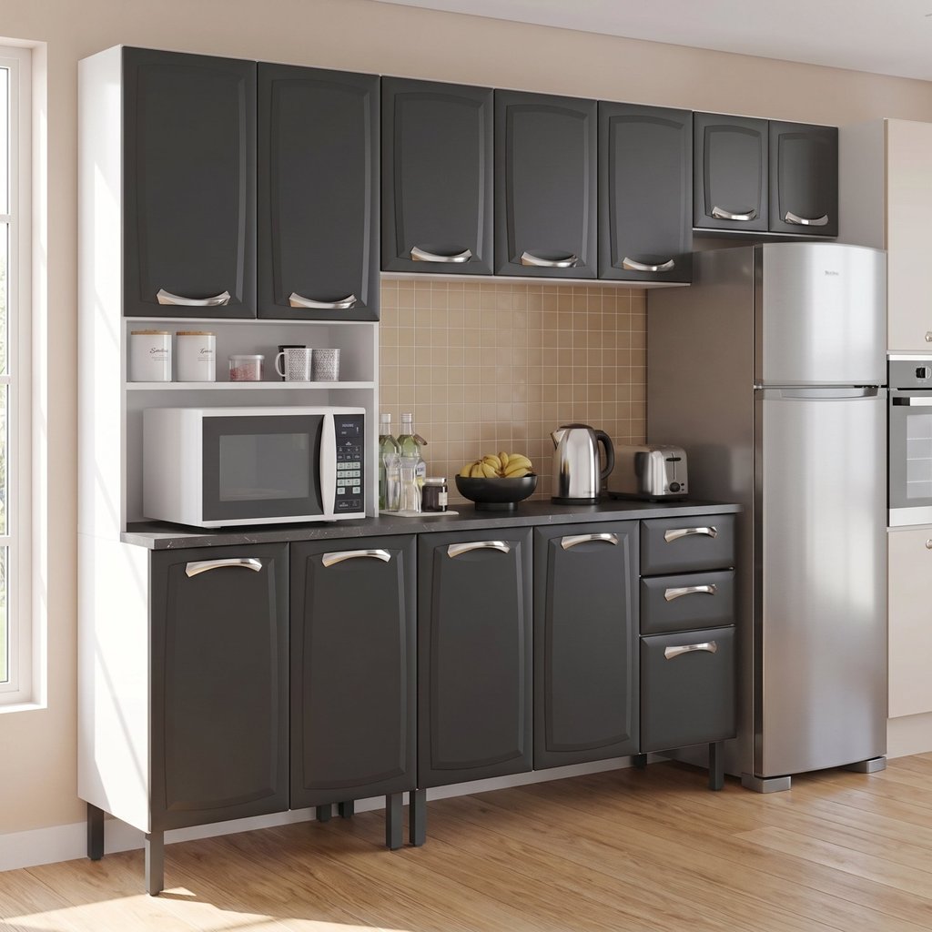Cozinha Completa Modulada em Aço 4 Peças com Torre Quente e Balcão com Tampo New Premium Itatiaia Cinza