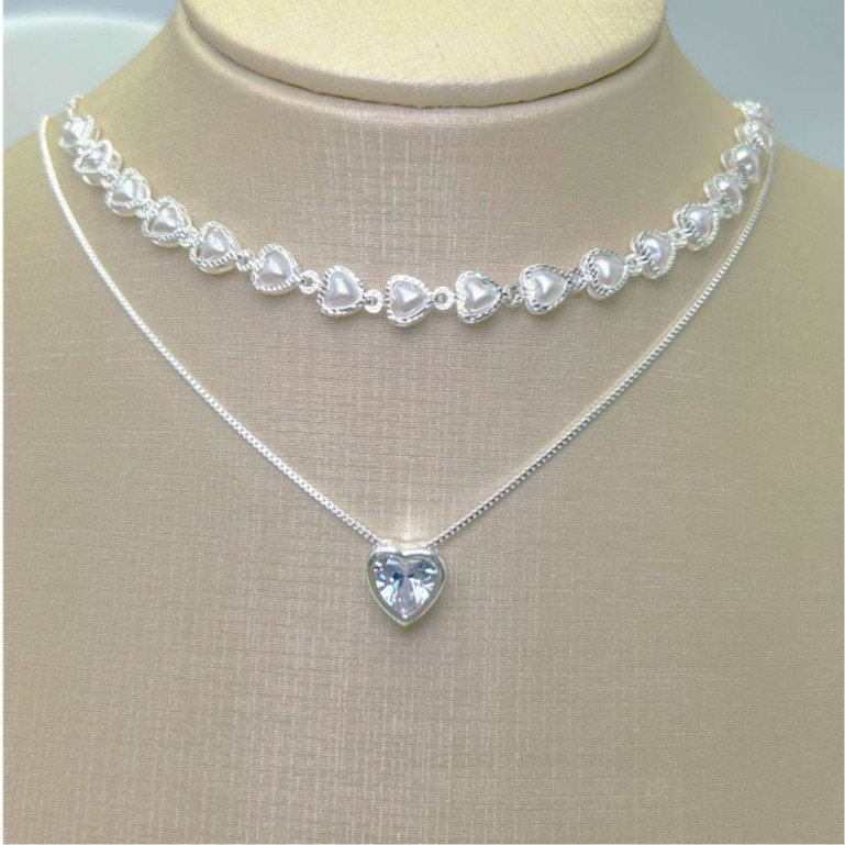 KIT 2 Choker Colar de pérolas de coração + Colar Com coração Ponto De Luz banhado a prata a ouro 18K