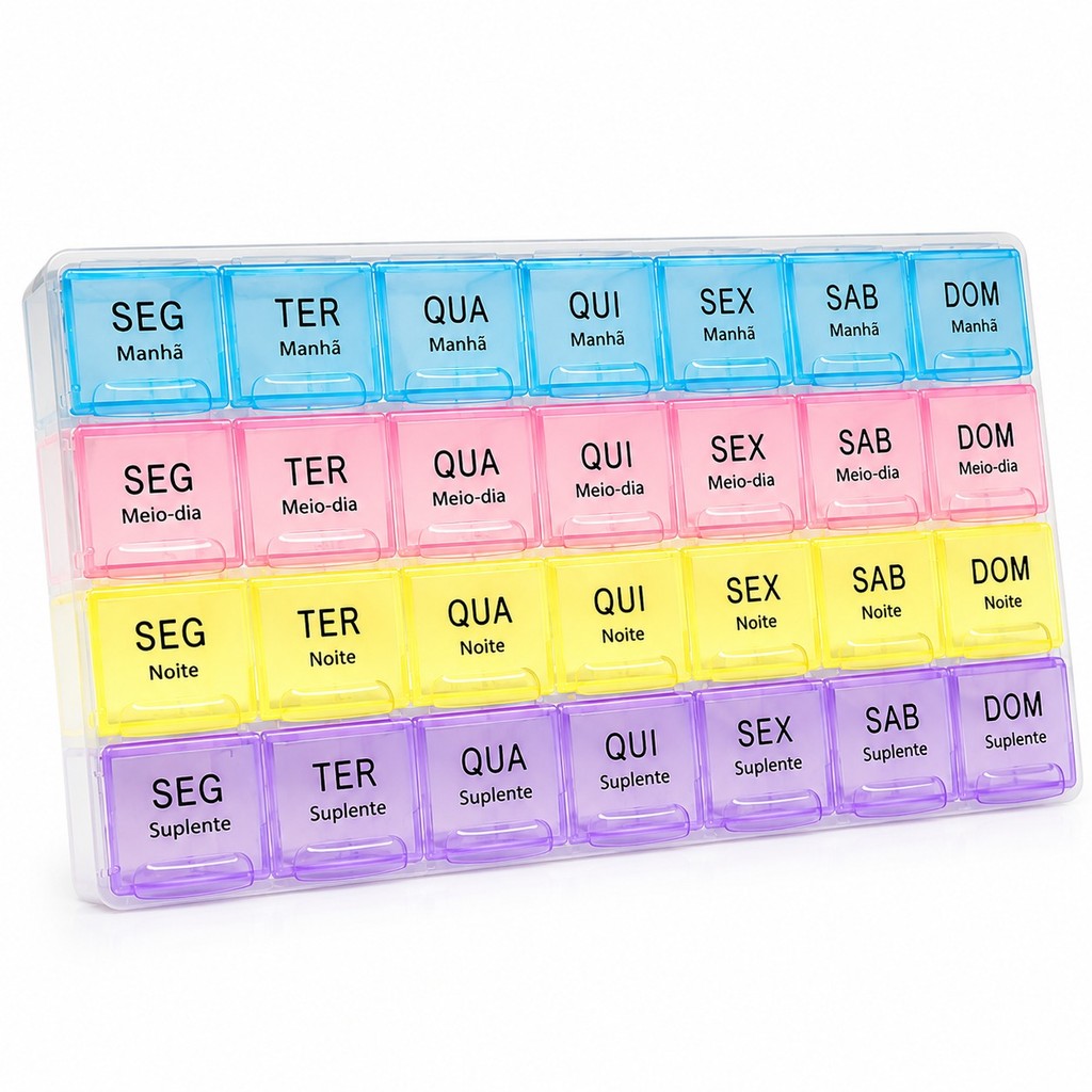 Porta Comprimidos Mensal Manhã, Almoço, Noite e Adicional 28 Dias