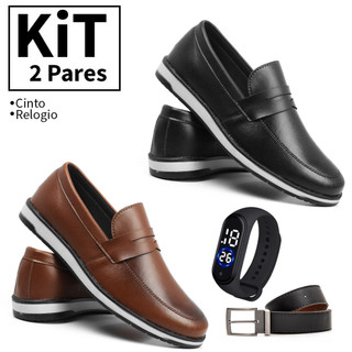 Sapato Masculino Kit 2 Pares Loafer Social Casual Elegante Trabalho e Dia a Dia + Relógio Digital e Cinto
