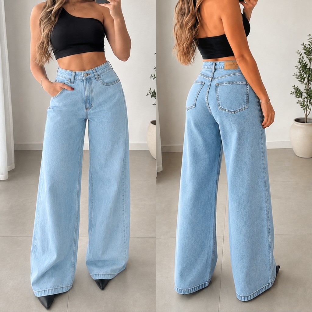 Calça Jeans Wide Leg Pantalona Feminina 100% Algodão Cintura Alta Larga
