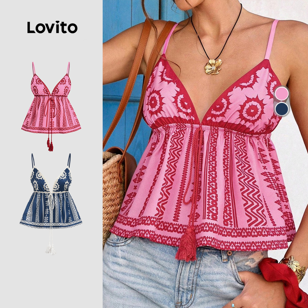 Blusa Regata Feminina Lovito Férias Nacional Top Franjas Costas Nuas Primavera/verão Top LBL32267