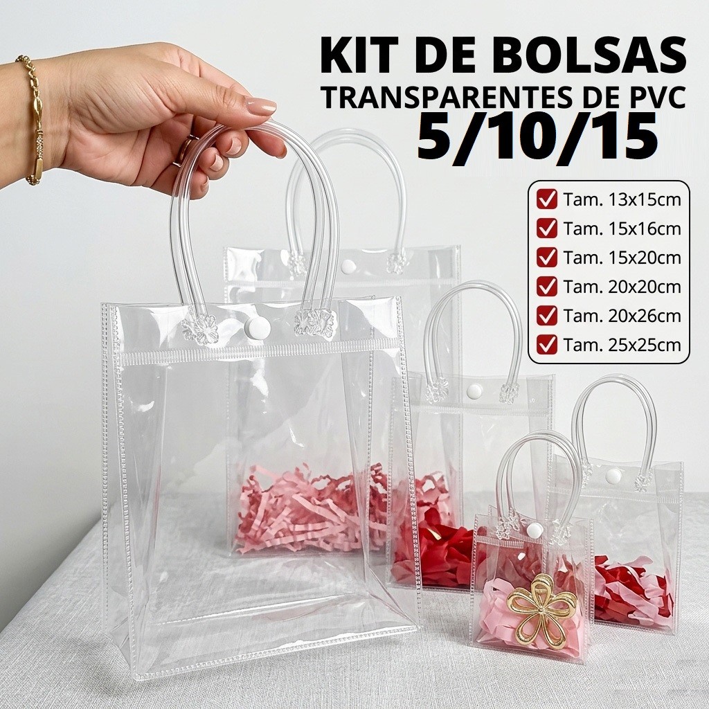 Kit Sacola Presente PVC Transparente com Alça Reutilizável | 6 Tamanhos | 5, 10 ou 15 Unidades