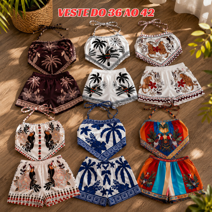 Conjunto verão Feminino Cropped  e Short Tropical Modelo Lenço Tendência Casual Tactel Estampado Praia 2026