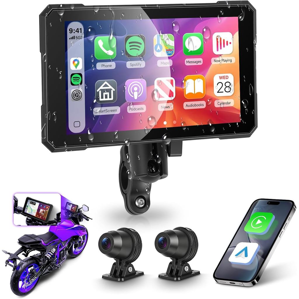 Tela CarPlay para Motocicleta de 5 Polegadas, CarPlay Sem Fio e Android Auto para Motocicleta com Suporte Removível, Câm