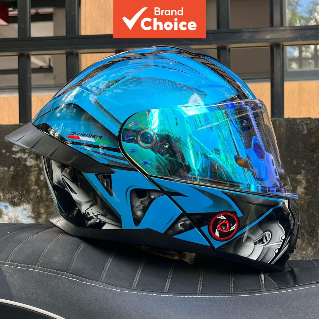 Capacete Modular Dobrável Orz B08a Para Rosto Inteiro , Viseira Dupla , Lente Azul Iridescente , Aprovado Por Pontos , T