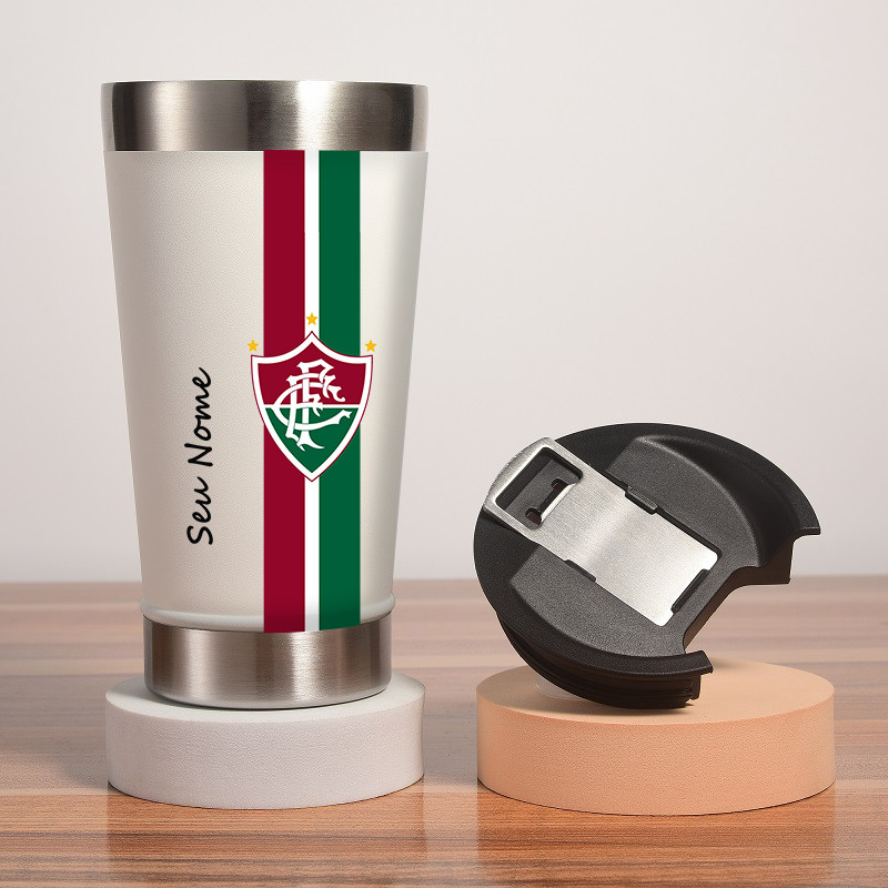 Copo de Inox Personalizado Fluminense FC 500ml Térmico com Abridor de Garrafa na Tampa Copo Cerveja Inox