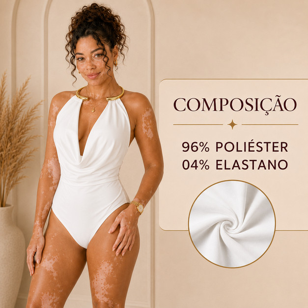 Body Feminino Frente Única com Decote drapeado e Argolas Douradas