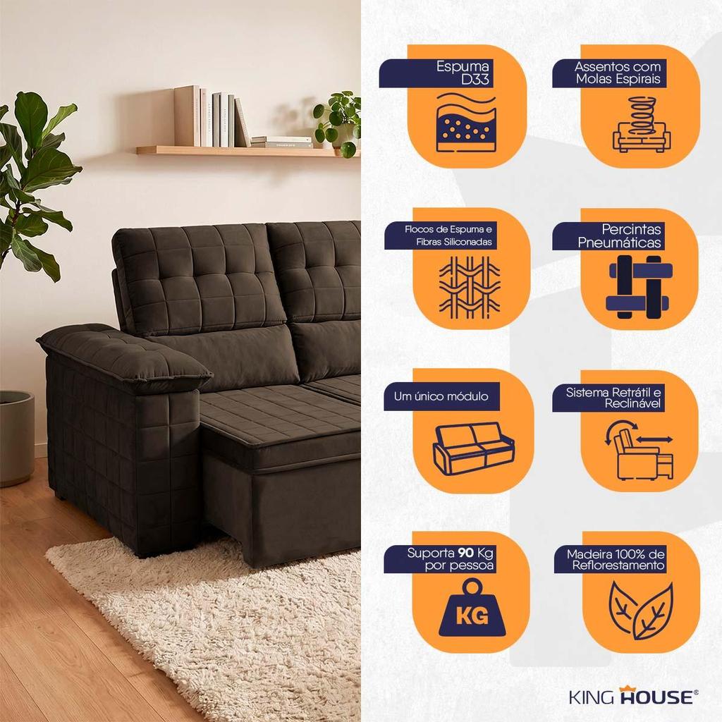 Sofá Retrátil Reclinável 4 lugares com molas 2,30m Quantum Suede Velut Marrom - King House · foto 2