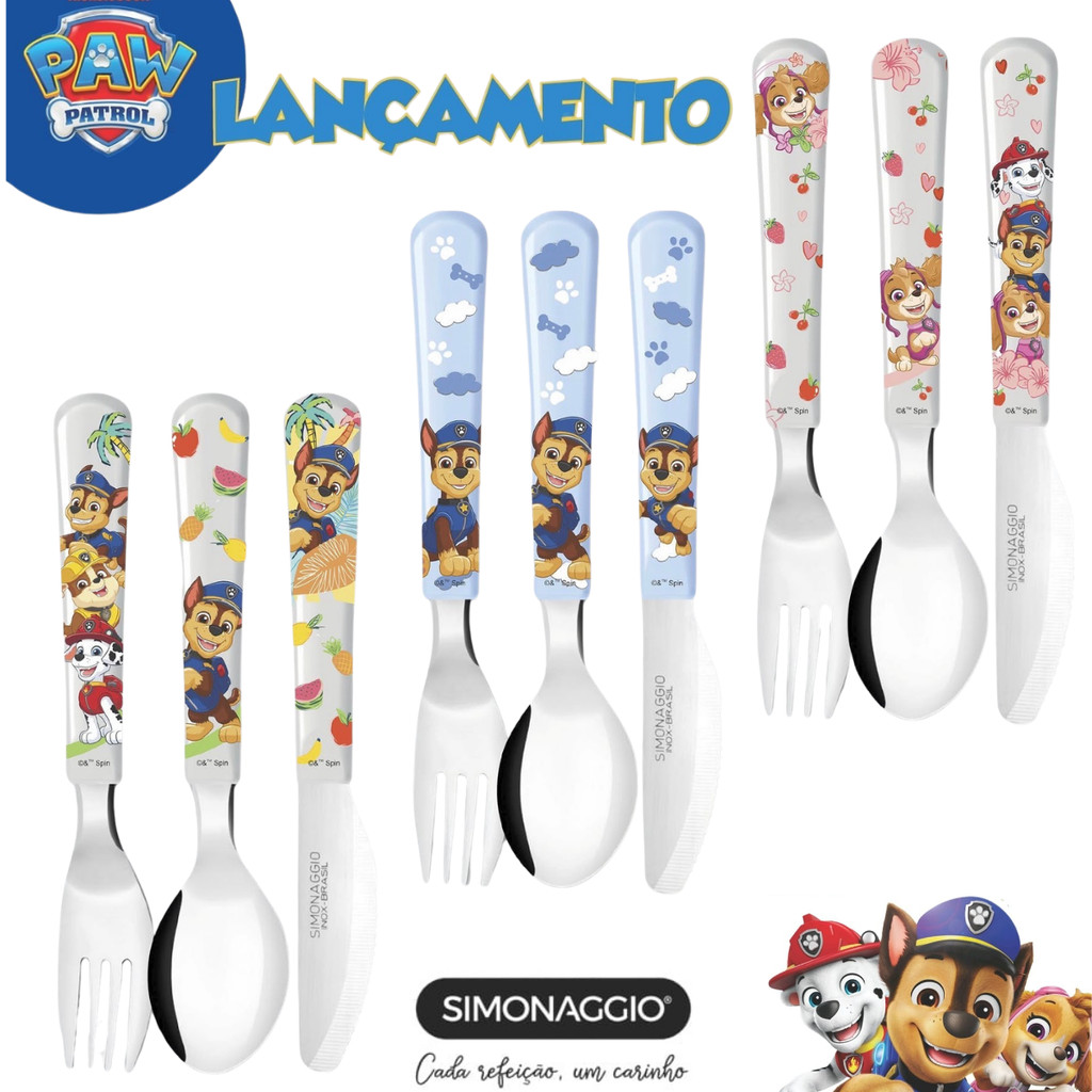 Talher Infantil C/3 Peças Patrulha Canina Skye Chase Personagens Inox Simonaggio