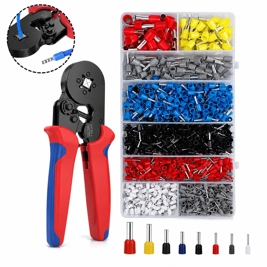 Kit Alicate Crimpador Profissional 0,25 a 10mm² com 1200 Terminais Ilhós Tubulares Isolados
