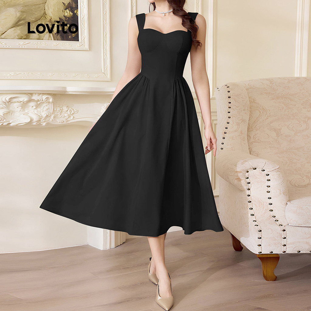 Lovito Elegante Vestido Com Zíper Longo Delicado Primavera/Verão Regata Preto Para Mulheres L154LD169 · foto 2
