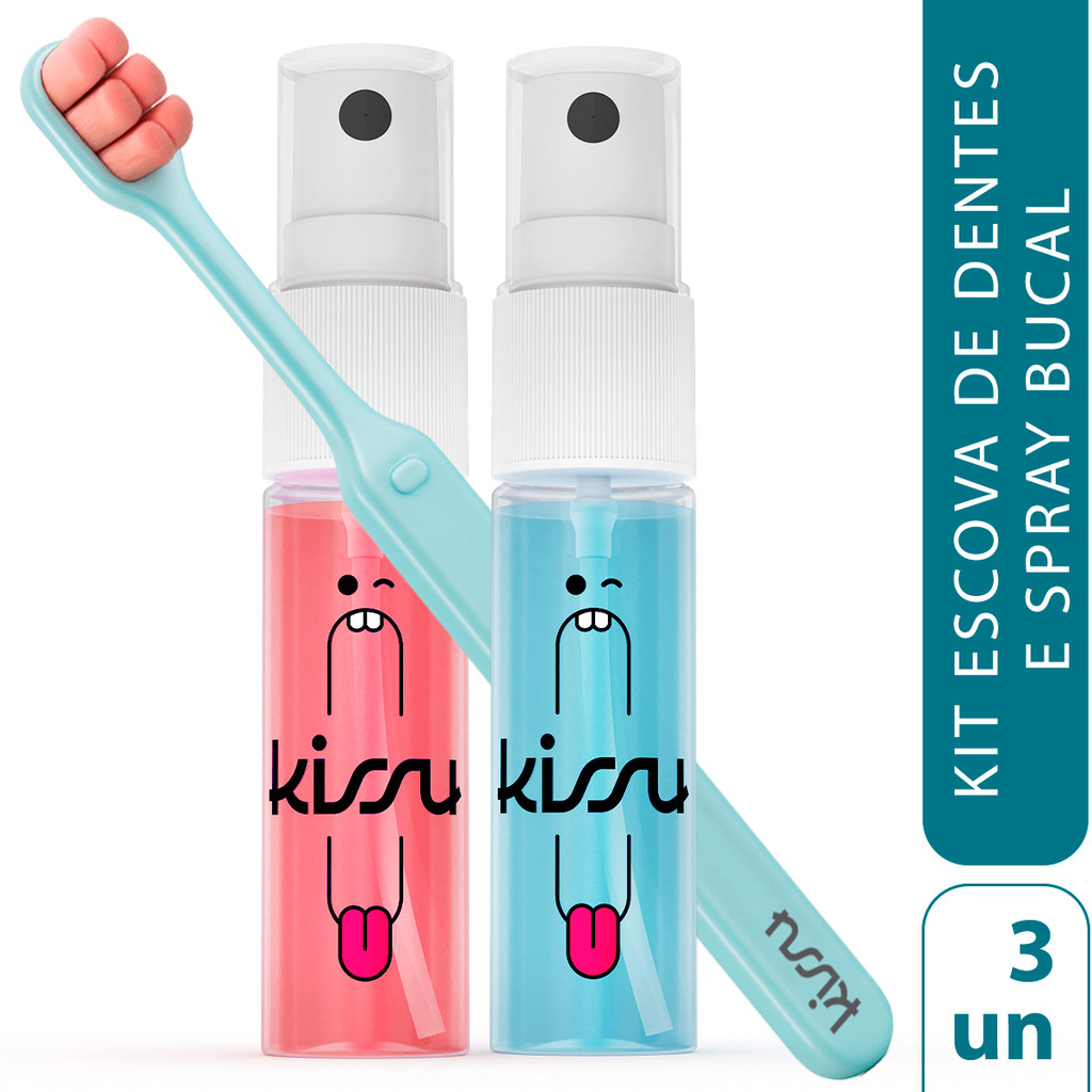 Kit Kissu Escova de Dentes + 2 Sprays Bucais | Cuidado Bucal Completo | 3 itens