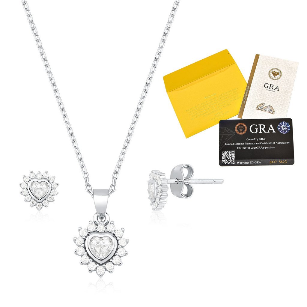 Kit Colar e Brinco de Moissanite em Prata 925 Coração Cravejado