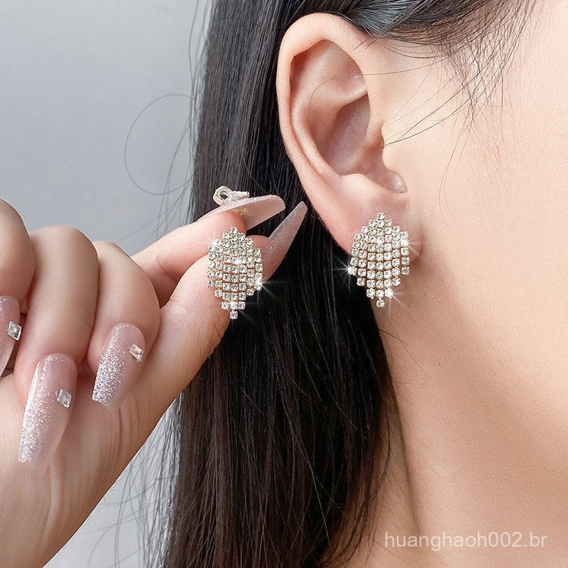 [Estoque pronto] Brincos High-End Feeling Temperamento Cheio de Diamante Brincos Moda Borla Brincos Femininos Novo Estil
