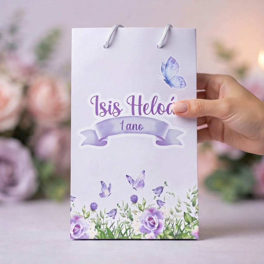 Sacolinhas Personalizada Pequena Jardim das Borboletas Lilas Personalizado Com Nome e Idade Festa Infantil Lembrancinha
