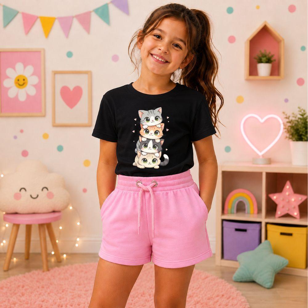 Conjunto infantil e juvenil meninas short e camiseta gatinhos de algodão premium