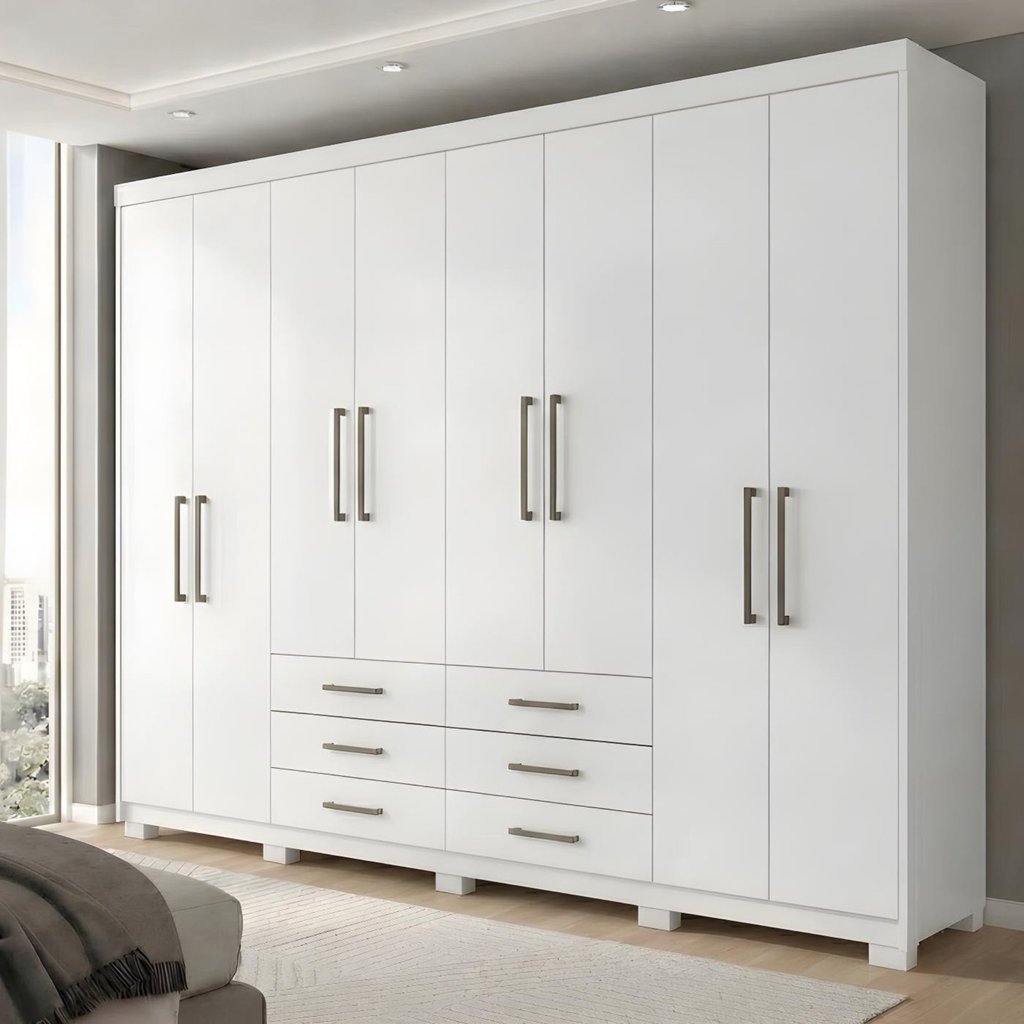 Guarda Roupa Casal 8 Portas e 6 Gavetas com Pés Master Branco Branco