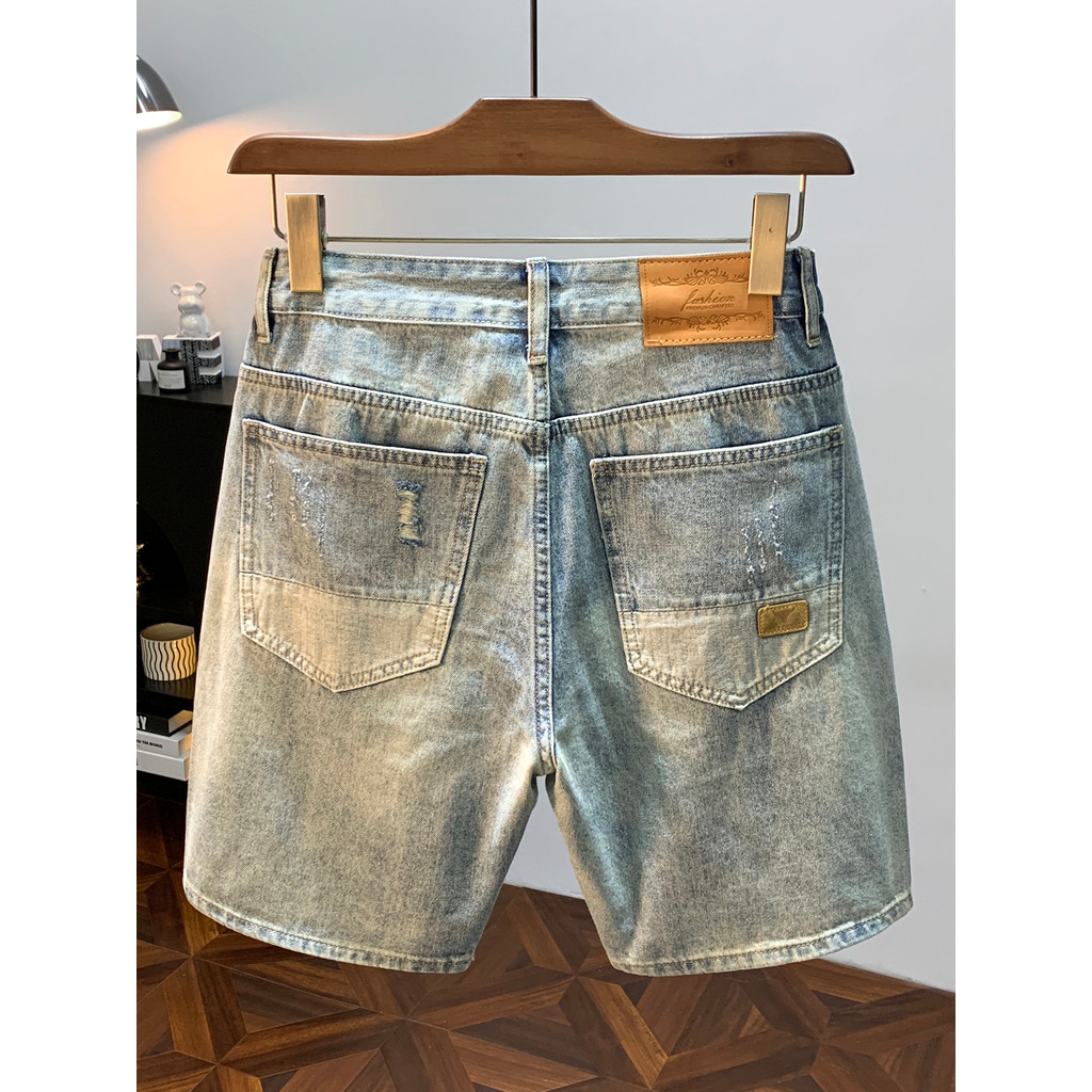 Americano Retro angustiado lavado rasgado Denim Shorts masculino verão na moda solto em linha reta Casual calças de cinc