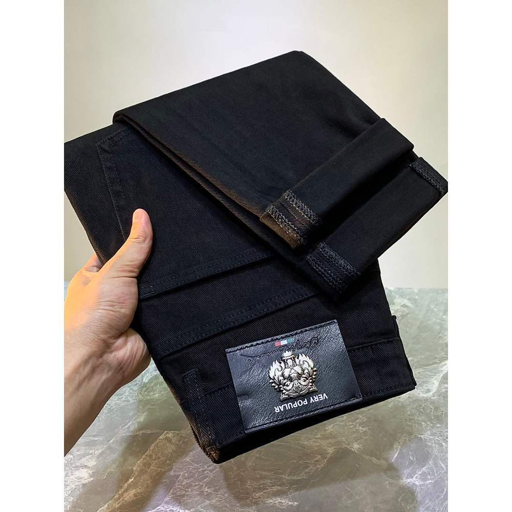 High-End puro preto Micro-cônico Jeans masculino primavera estiramento fino ajuste em linha reta tornozelo-perna calças 