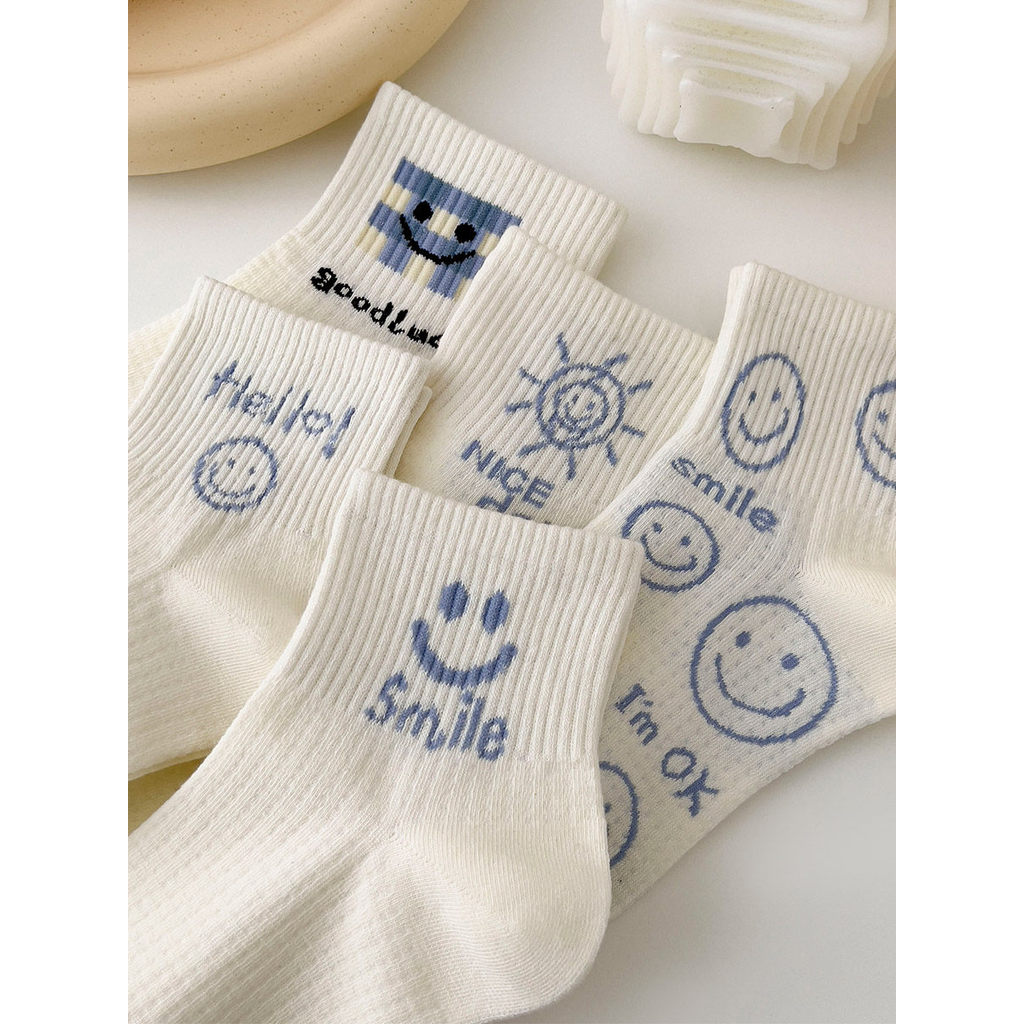 Meias brancas femininas ins na moda meias de algodão puro baixo-Top Mid-tube meias Smiley tubo curto verão estilo fino 2