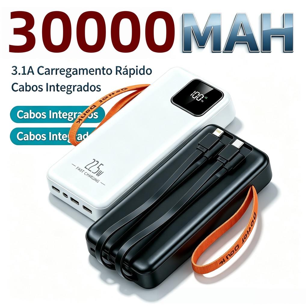 Power Bank Carregador Portátil Alta Capacidade 30.000mAh, Carga Super Rápida Turbo 22.5W com Cabo Embutido