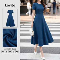 Lovito Elegant Structure Line Commute Long a Primavera Verão Workwear Azul Escuro Vestido Para Mulheres DRB202P2D598