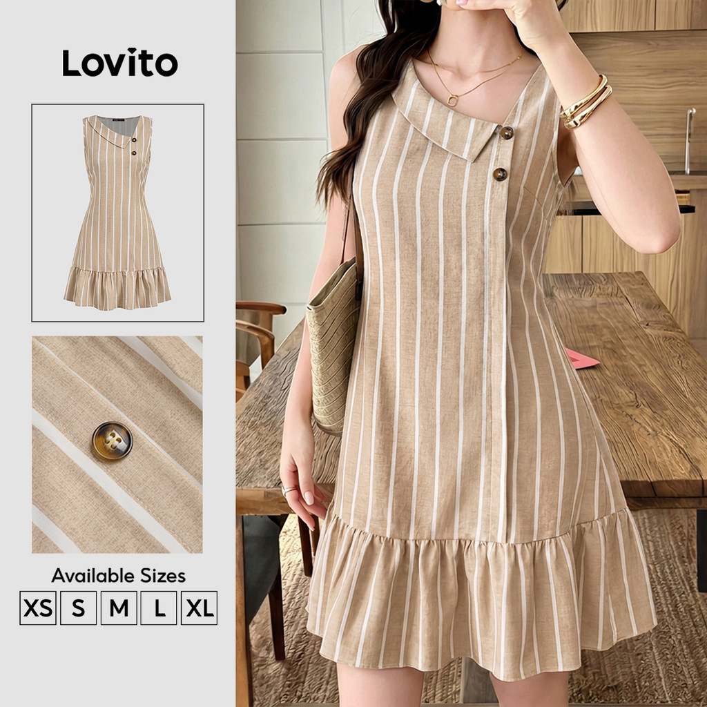 (New Arrival) Lovito Vestido Feminino Cáqui Casual Listrado Assimétrico Com Botões Babado E Barra Evasê Para Primavera/verão DRB202P2D516