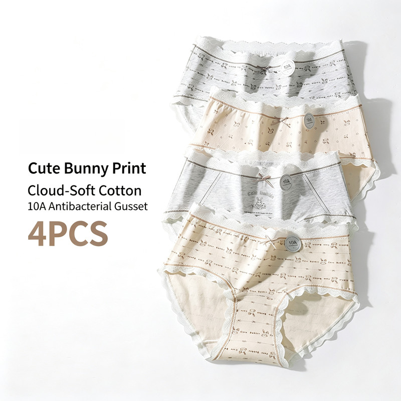 Pacote com 4 Calcinhas com Estampa de Coelho para Meninas, Roupas Íntimas de Algodão, Sem Costura, Respirável, Antibacte