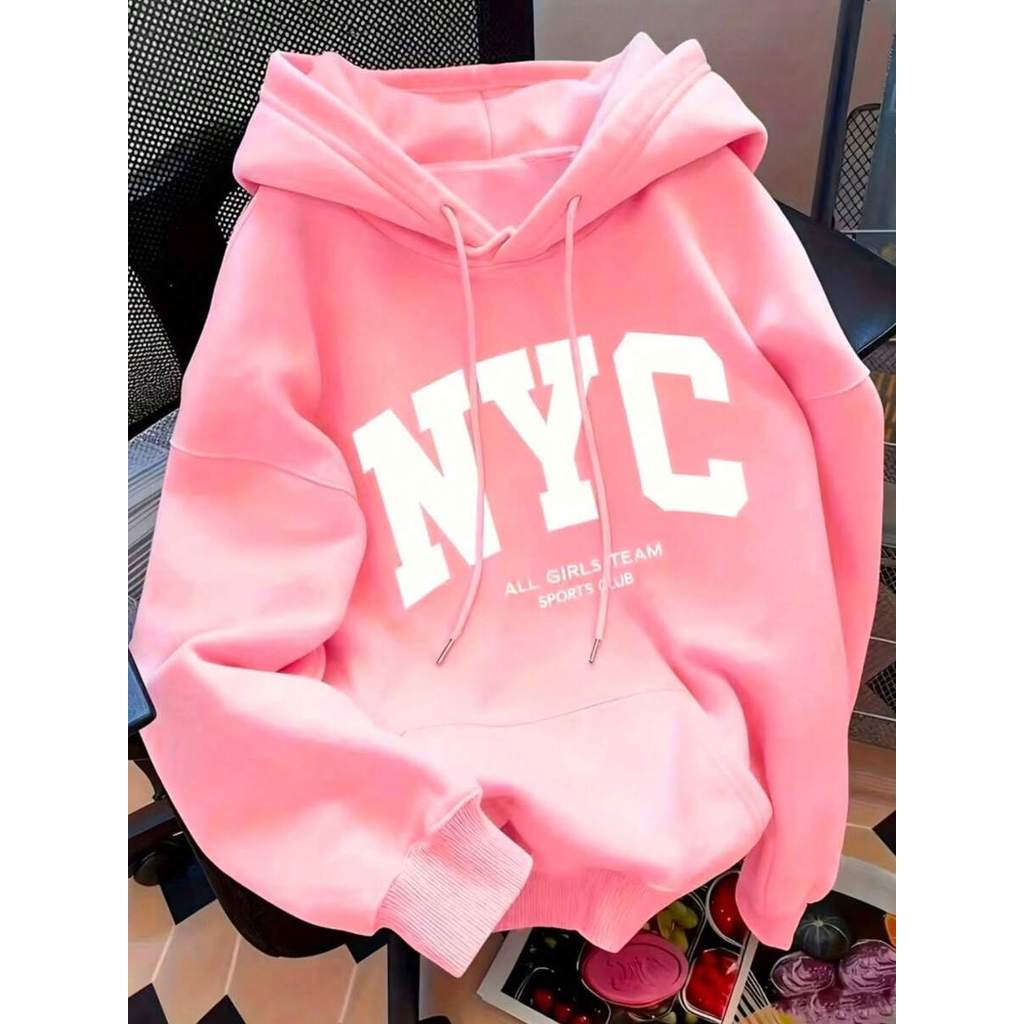 Moletom feminino estampado moletom com capuz flanelado cangurú confortavél NYC casual estiloso de inverno