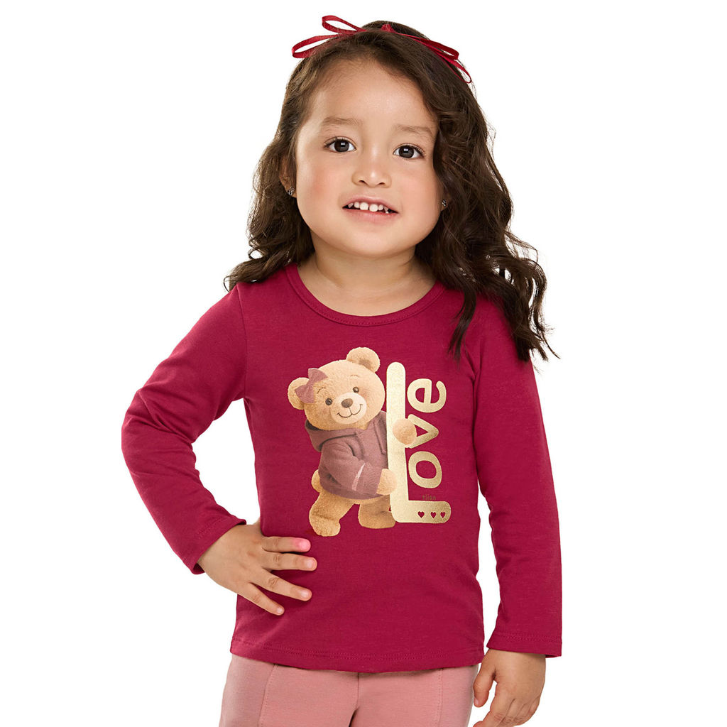 Blusa Infantil Menina Manga Longa Ursinha Elian Vermelho