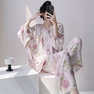 [Terno de manga comprida] Pijama de seda de algodão Loungewear Pijama preguiçoso estilo nacional feminino verão gola red