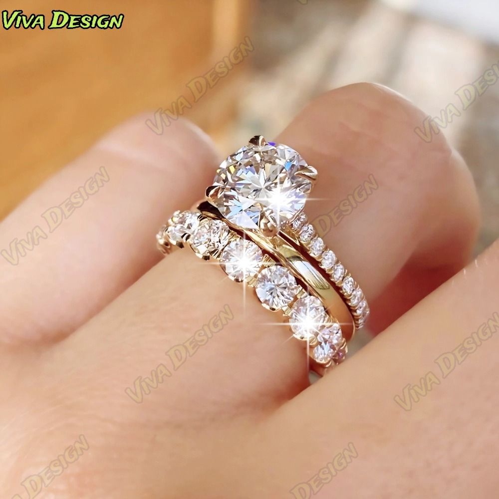 Anel Elegante E Luxuoso De Três Conjuntos Com Cinco Garras Incrustadas Para Mulheres KIT3-VI