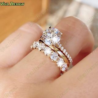 Anel Elegante E Luxuoso De Três Conjuntos Com Cinco Garras Incrustadas Para Mulheres KIT3-VI
