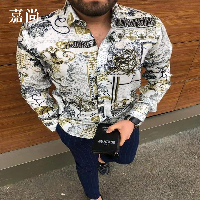 2026 Outono Roupas Masculinas Roupas Masculinas Impressas Top Manga Comprida Slim-Fit Camisa Casual Masculina