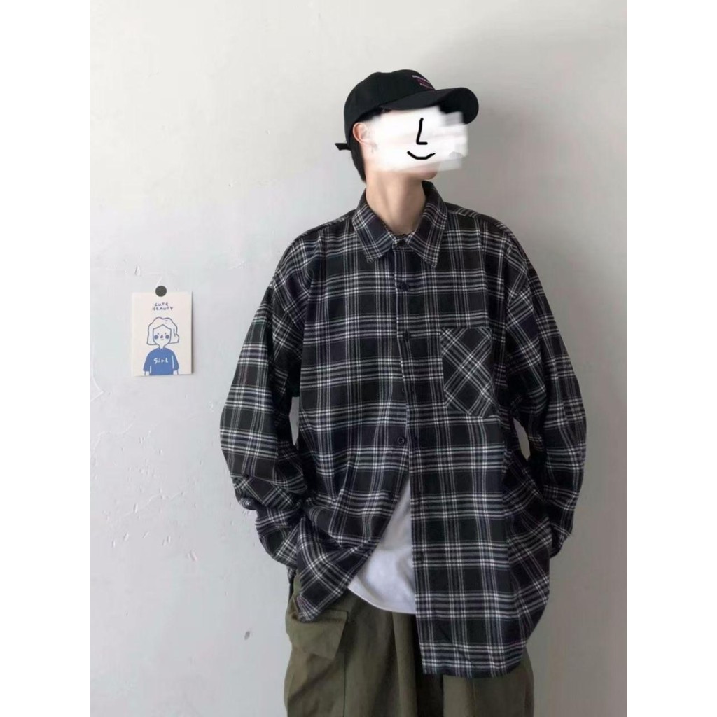 Street Wear contraste cor xadrez camisa masculina primavera americano rua Casual camisa de manga comprida Retro oversize