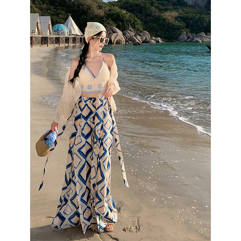Original à beira-mar férias estilo boêmio fenda Chiffon Irregular calças gráficas cintura elástica calças de chão calças