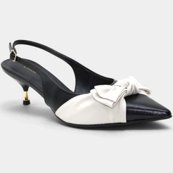 Scarpin Casteliê Slingback Detalhe Laço Salto Baixo Feminino - Preto e Branco