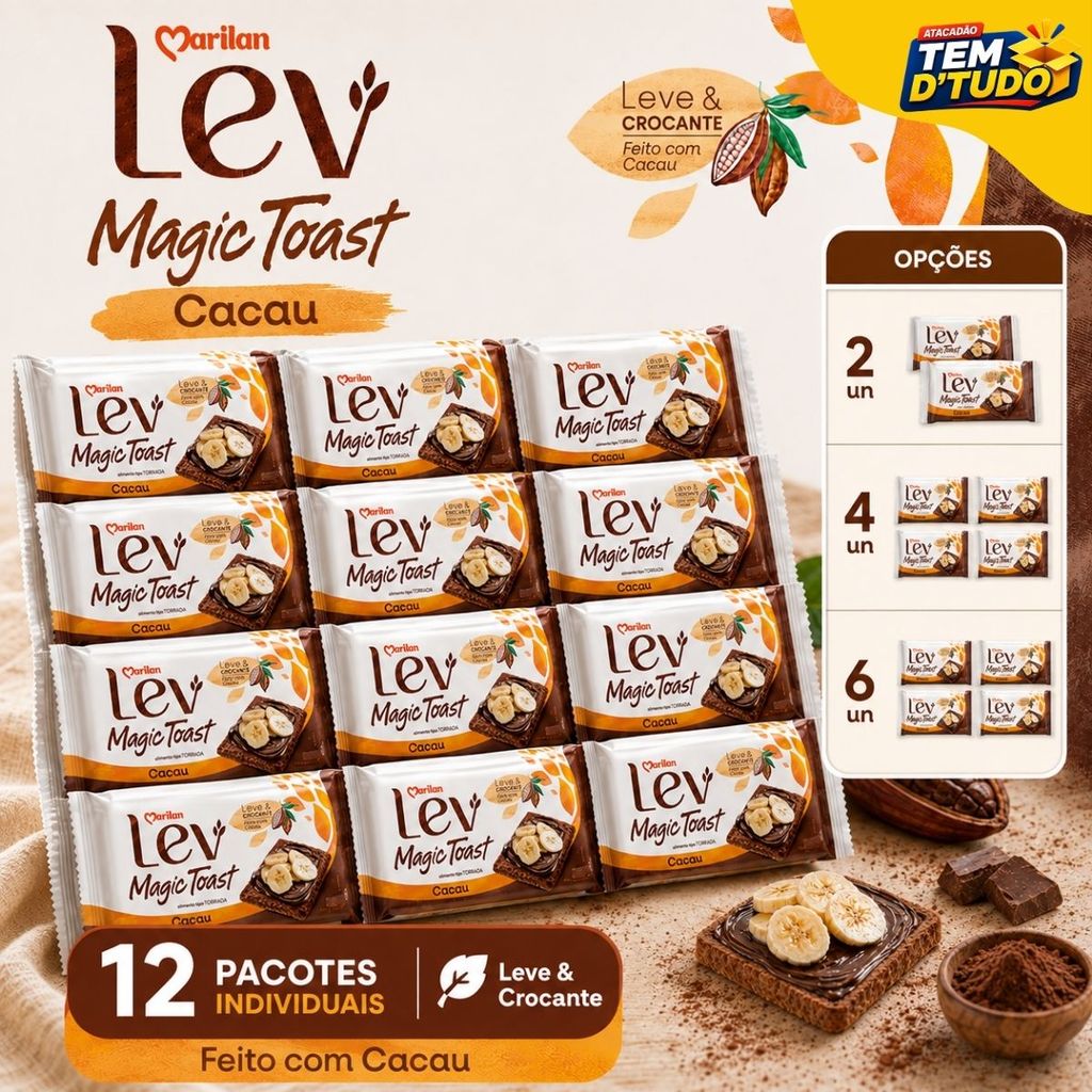 Kit 2,4,6 ou 12 Torrada Lev Magic Toast Cacau e Cereais Marilan até 1,320KG Envio Rápido Atacado
